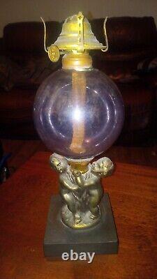 Antique Cherub Figural Stem Kerosene Oil Lamp W Amethyst Globe Very Old Late 18