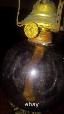Antique Cherub Figural Stem Kerosene Oil Lamp W Amethyst Globe Very Old Late 18
