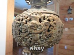 Antique Cherub Oil Lamp Ornate Parlor Banquet Candle Light Spelter or Bronze
