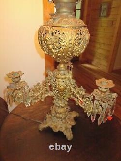 Antique Cherub Oil Lamp Ornate Parlor Banquet Candle Light Spelter or Bronze