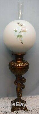 Antique Cherub Oil Parlor Banquet GWTW Table Lamp with Hand Painted Shade Globe