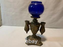 Antique Cigar lighter kerosene oil lamp cobalt blue shade possibly Miller or B&H