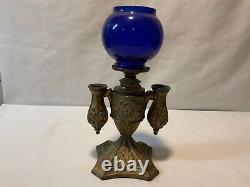 Antique Cigar lighter kerosene oil lamp cobalt blue shade possibly Miller or B&H