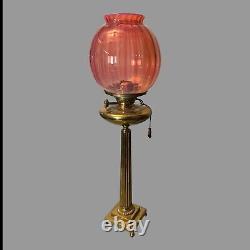 Antique Classical Brass Oil Parlor Lamp Cranberry Glass Ribbed Shade c1880