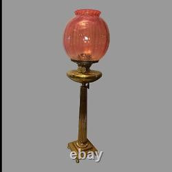 Antique Classical Brass Oil Parlor Lamp Cranberry Glass Ribbed Shade c1880