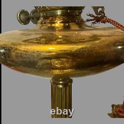 Antique Classical Brass Oil Parlor Lamp Cranberry Glass Ribbed Shade c1880