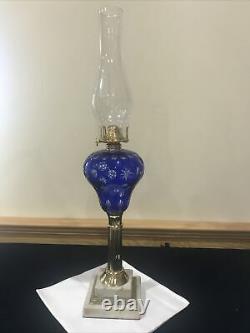 Antique Cobalt Blue Cut to Clear Glass Whale Kerosene Oil Lamp Boston Sandwich