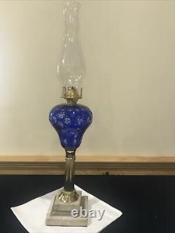 Antique Cobalt Blue Cut to Clear Glass Whale Kerosene Oil Lamp Boston Sandwich