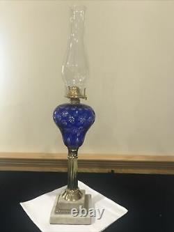 Antique Cobalt Blue Cut to Clear Glass Whale Kerosene Oil Lamp Boston Sandwich