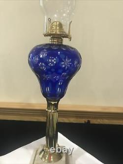 Antique Cobalt Blue Cut to Clear Glass Whale Kerosene Oil Lamp Boston Sandwich