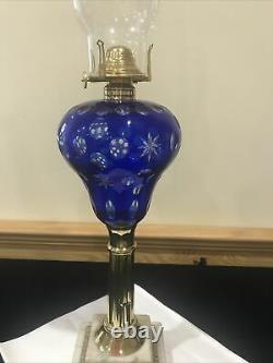 Antique Cobalt Blue Cut to Clear Glass Whale Kerosene Oil Lamp Boston Sandwich