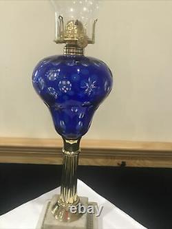 Antique Cobalt Blue Cut to Clear Glass Whale Kerosene Oil Lamp Boston Sandwich