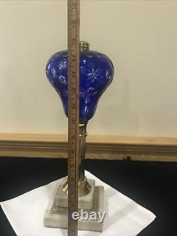 Antique Cobalt Blue Cut to Clear Glass Whale Kerosene Oil Lamp Boston Sandwich