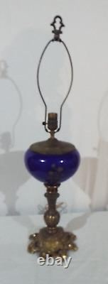 Antique Cobalt Blue Glass Hollywood Regency Oil Lamp Design Table Lamp