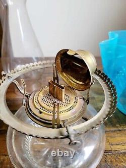 Antique Coin Dot Blue Victorian Wall Bracket Oil Lamp w Mercury Glass Reflector