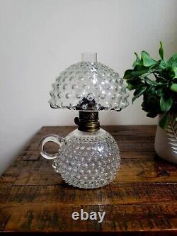 Antique Colorless Hobnail Pattern Miniature Finger Oil Lamp 7 Tall