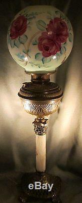Antique Composite Banquet Oil Lamp Embossed Brass Font Glass Stem Cast Iron Base