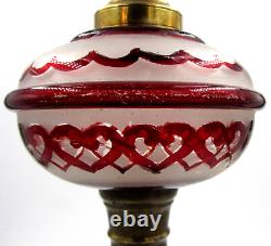 Antique Composite Figural Oil / Kerosene Stand Lamp Ruby Stained Hearts & Ruffle