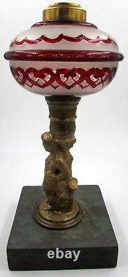 Antique Composite Figural Oil / Kerosene Stand Lamp Ruby Stained Hearts & Ruffle