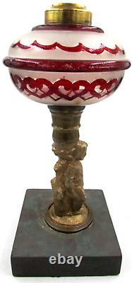 Antique Composite Figural Oil / Kerosene Stand Lamp Ruby Stained Hearts & Ruffle