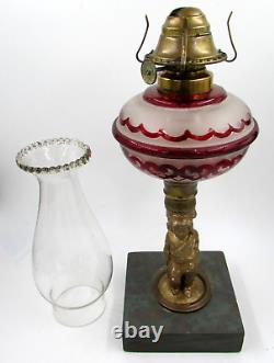 Antique Composite Figural Oil / Kerosene Stand Lamp Ruby Stained Hearts & Ruffle