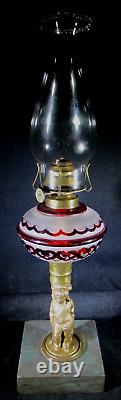 Antique Composite Figural Oil / Kerosene Stand Lamp Ruby Stained Hearts & Ruffle