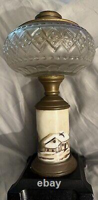Antique Composite Frosted Oil Lamp Winter Cabin Scene Hand Painted Iron Base