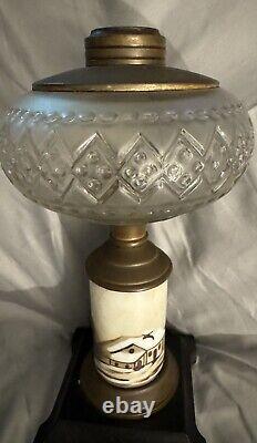 Antique Composite Frosted Oil Lamp Winter Cabin Scene Hand Painted Iron Base