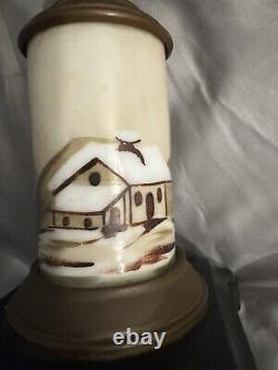Antique Composite Frosted Oil Lamp Winter Cabin Scene Hand Painted Iron Base