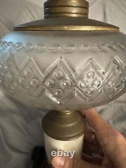 Antique Composite Frosted Oil Lamp Winter Cabin Scene Hand Painted Iron Base
