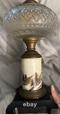 Antique Composite Frosted Oil Lamp Winter Cabin Scene Hand Painted Iron Base