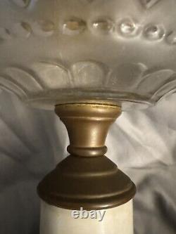 Antique Composite Frosted Oil Lamp Winter Cabin Scene Hand Painted Iron Base
