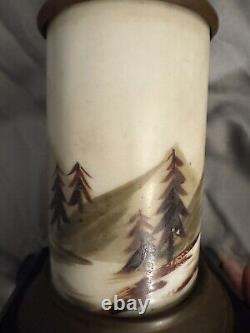 Antique Composite Frosted Oil Lamp Winter Cabin Scene Hand Painted Iron Base