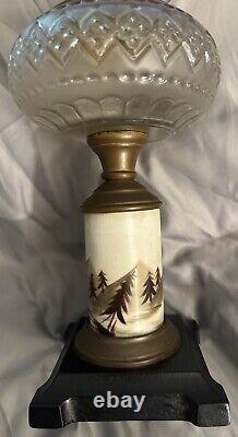 Antique Composite Frosted Oil Lamp Winter Cabin Scene Hand Painted Iron Base