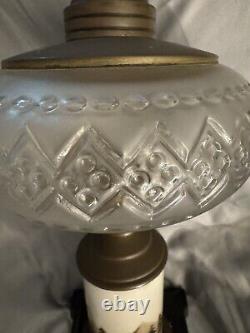 Antique Composite Frosted Oil Lamp Winter Cabin Scene Hand Painted Iron Base