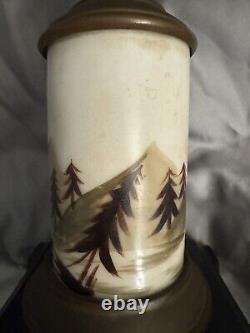Antique Composite Frosted Oil Lamp Winter Cabin Scene Hand Painted Iron Base