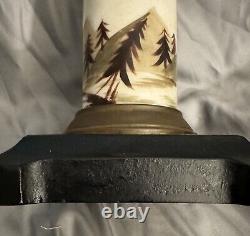 Antique Composite Frosted Oil Lamp Winter Cabin Scene Hand Painted Iron Base
