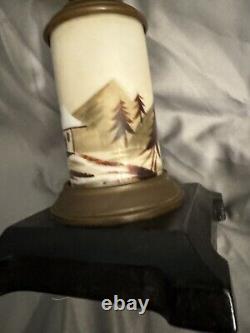 Antique Composite Frosted Oil Lamp Winter Cabin Scene Hand Painted Iron Base
