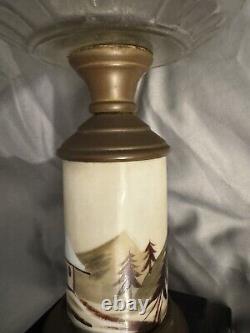 Antique Composite Frosted Oil Lamp Winter Cabin Scene Hand Painted Iron Base