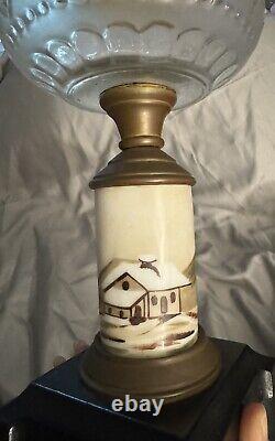 Antique Composite Frosted Oil Lamp Winter Cabin Scene Hand Painted Iron Base