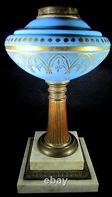 Antique Composite Kerosene Stand Lamp Opaque Blue Glass Gothic Gilt 2-Step Base