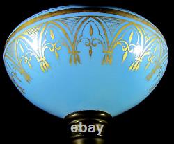 Antique Composite Kerosene Stand Lamp Opaque Blue Glass Gothic Gilt 2-Step Base