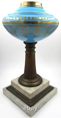 Antique Composite Kerosene Stand Lamp Opaque Blue Glass Gothic Gilt 2-Step Base