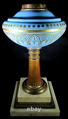 Antique Composite Kerosene Stand Lamp Opaque Blue Glass Gothic Gilt 2-Step Base