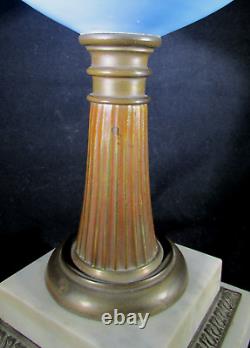 Antique Composite Kerosene Stand Lamp Opaque Blue Glass Gothic Gilt 2-Step Base