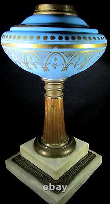 Antique Composite Kerosene Stand Lamp Opaque Blue Glass Gothic Gilt 2-Step Base