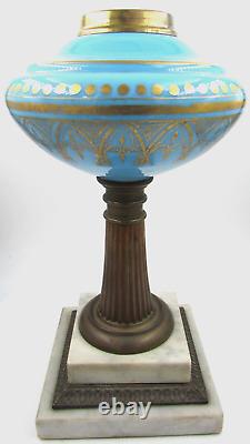 Antique Composite Kerosene Stand Lamp Opaque Blue Glass Gothic Gilt 2-Step Base