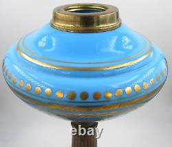 Antique Composite Kerosene Stand Lamp Opaque Blue Glass Gothic Gilt 2-Step Base