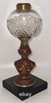 Antique Composite Oil Kerosene Lamp HEART & STARS Font with Gallinger Lady Stem