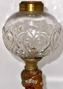 Antique Composite Oil Kerosene Lamp HEART & STARS Font with Gallinger Lady Stem